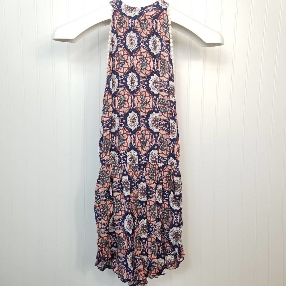 Aqua Floral Circle‎ Pattern V-Neck Romper XS